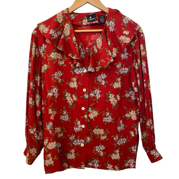 Liz Sports Vintage 90s Ruffle Cottage Floral Ruffle Blouse Petite - Picture 5 of 6
